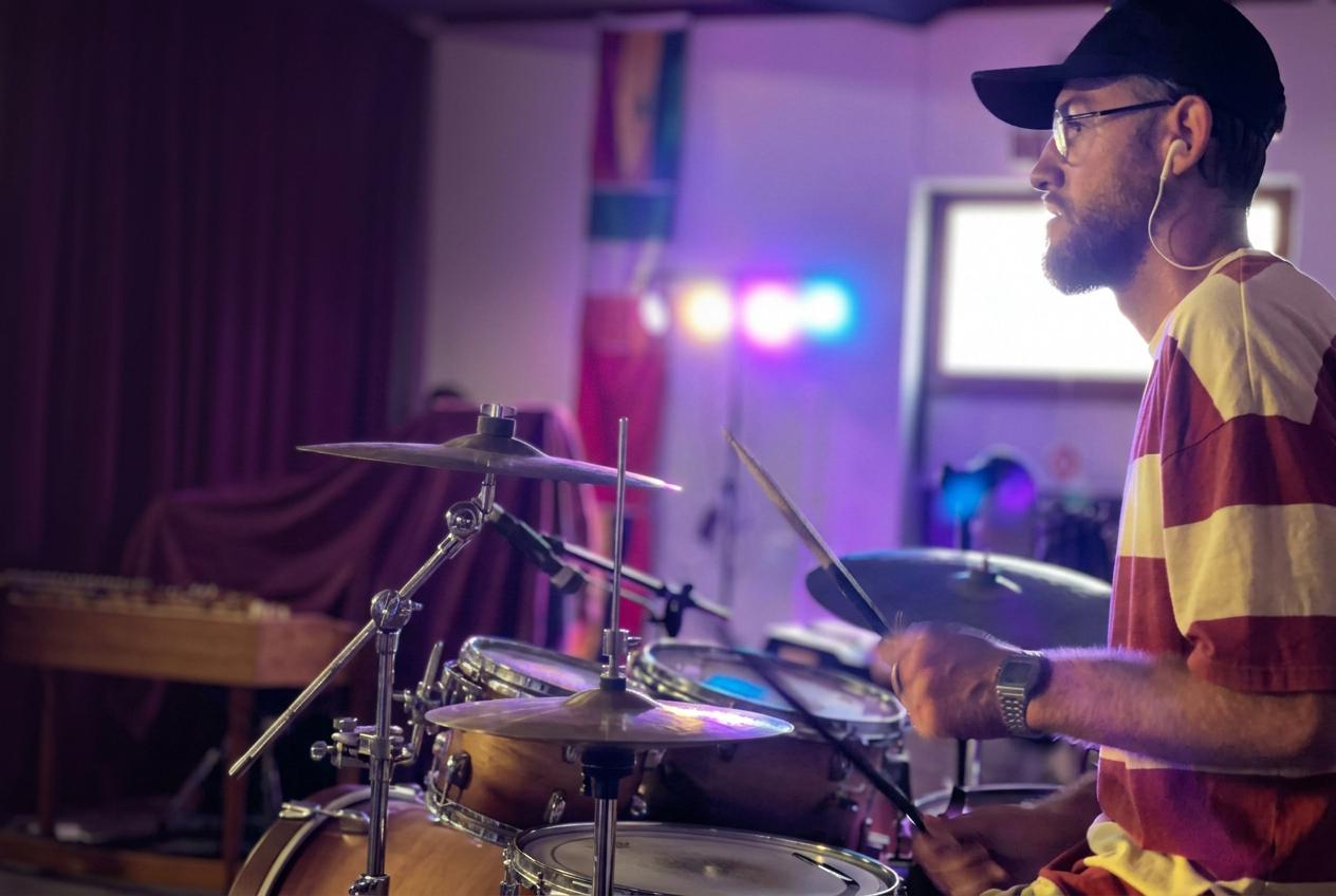 Cornel playing drums in his music studio